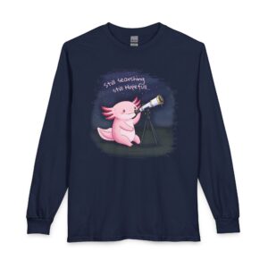 Axolotl Stargazer Long Sleeve Tee — "Still Searching, Still Hopeful" Cute Astronomer Shirt