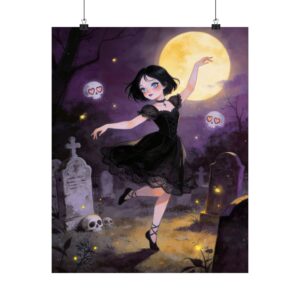 Goth Girl Dancing in Moonlit Graveyard — Matte Vertical Poster