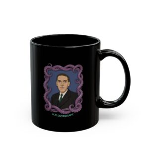 H.P. Lovecraft Portrait Black Mug — Cthulhu Tentacle Frame Coffee Cup