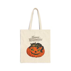 Happy Halloween Tote Bag — Vintage Cat and Jack-o'-Lantern Canvas Tote
