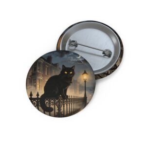 Black Cat Gothic Pin Button — Vintage Streetlamp Enamel Badge