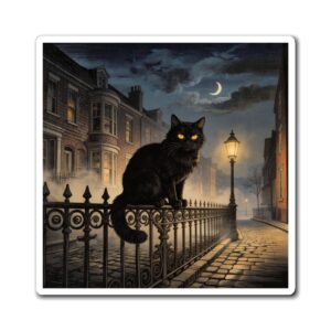 Black Cat Magnet — Gothic Moonlit Street Refrigerator Decor