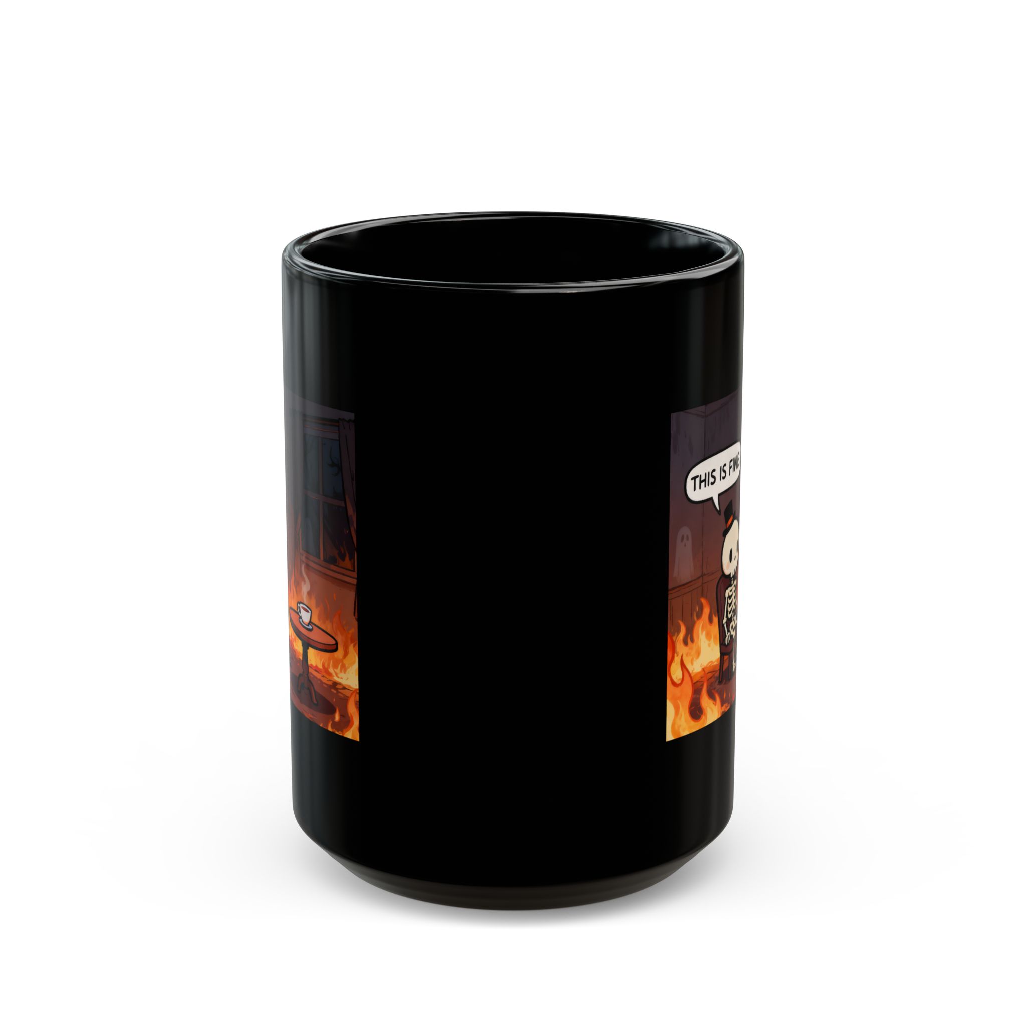This Is Fine. Skeleton Mug – Black Coffee Cup (15oz) - Image 2