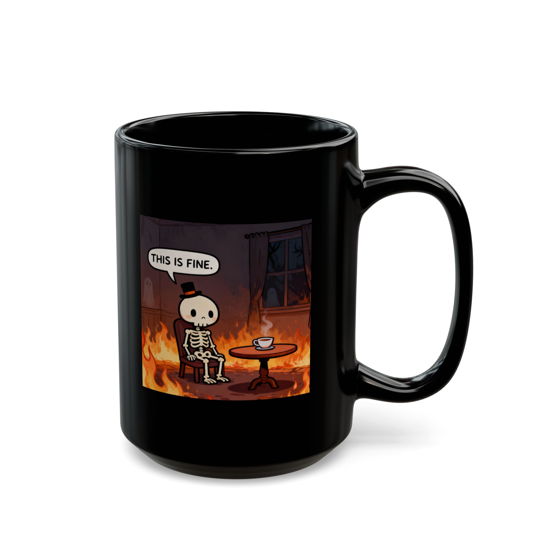 This Is Fine. Skeleton Mug – Black Coffee Cup (15oz)