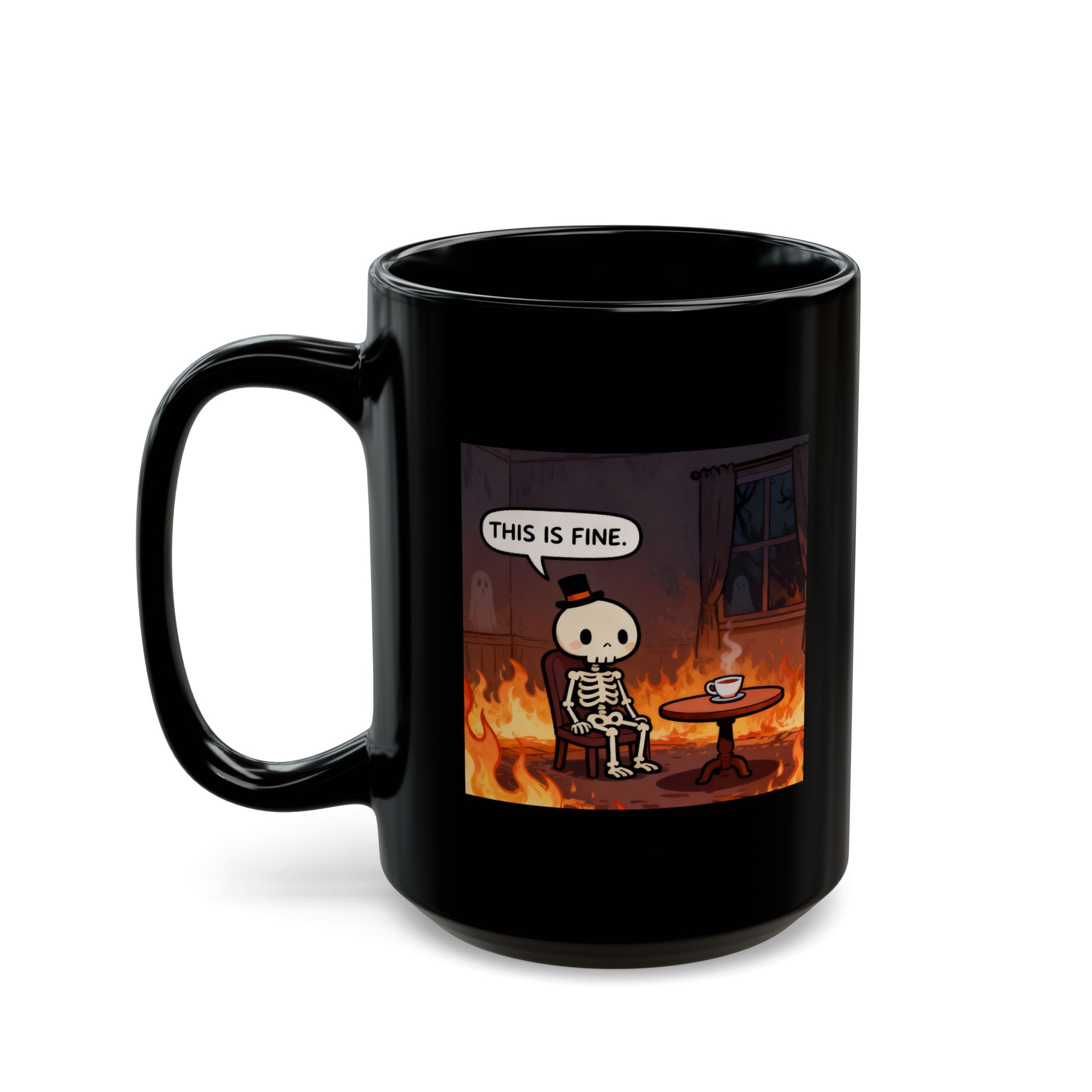 This Is Fine. Skeleton Mug – Black Coffee Cup (15oz) - Image 3